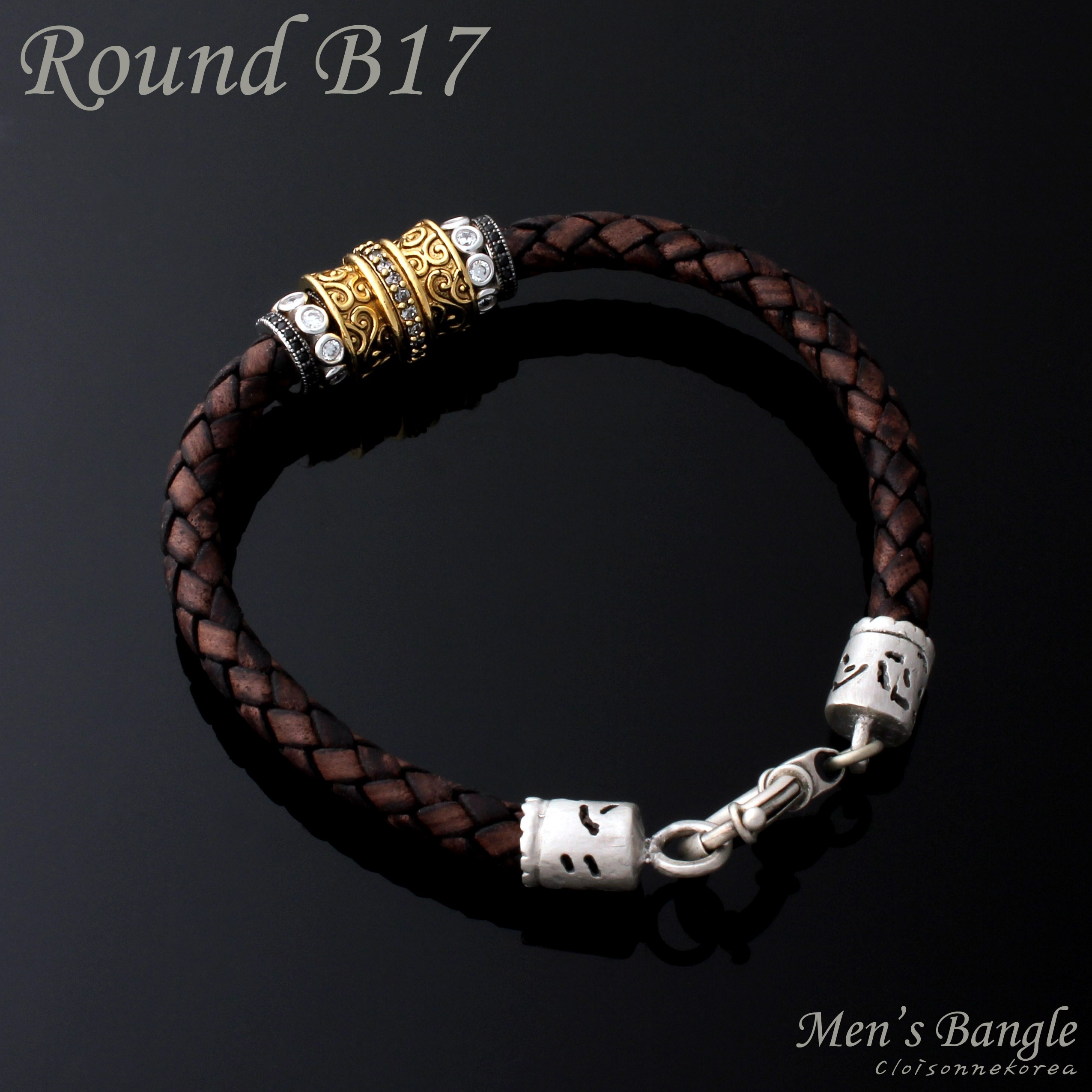 【クリックで詳細表示】[Cloisonnekorea]Bracelet for Men/Braided leather/Silver rondelle/Round B17