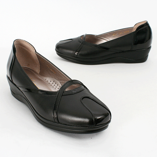 【クリックで詳細表示】[Modamia]SGC2-h126/Genuine Cowskin Streamlined Shape Patent Combination Wedge Heel Loafers/4cm/天然牛革で製作された流線型エナメル配色厚底ローファー