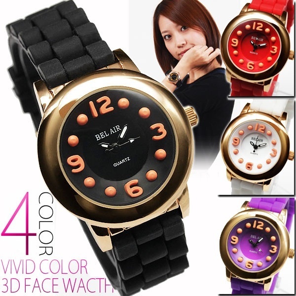 【クリックで詳細表示】【メール便送料無料】レディース腕時計 ヴィヴィッドカラー3Dフェイス ラバーベルト腕時計[ru-AC-W-OSD23Sm]ピンクゴールドがエレガントな印象もプラス♪色鮮やかな仕上がりでアクセサリー効果