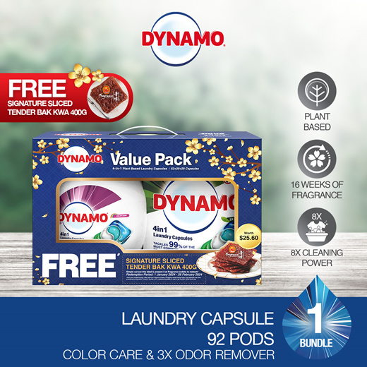 Qoo10 Free Bak Kwa DYNAMO 4in1 Laundry Capsules Color Care 52 Pods