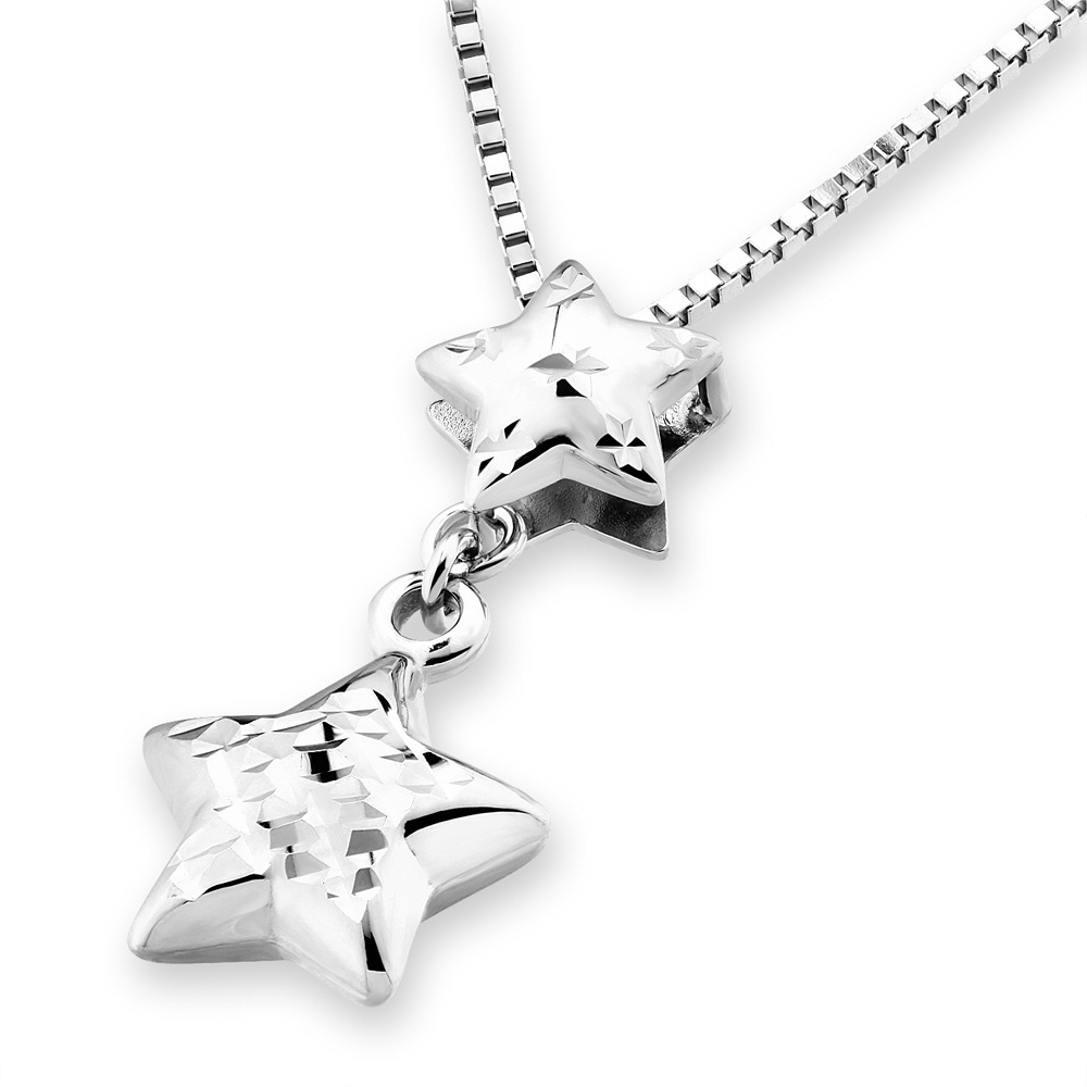 【クリックで詳細表示】[X1000 Diamond](X100 Diamond) 14K/585 White Gold 3-Dimensional Diamond Cut Double Stars Necklace