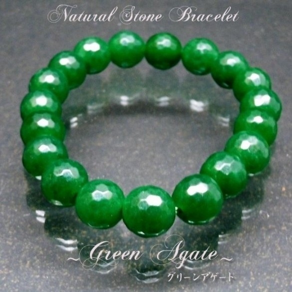 【クリックで詳細表示】《天然石》緑瑪瑙 大粒10mm 高品質グリーンアゲート(メノウ)ブレスレット 64面カット 緑の光沢が美しいパワーストーン