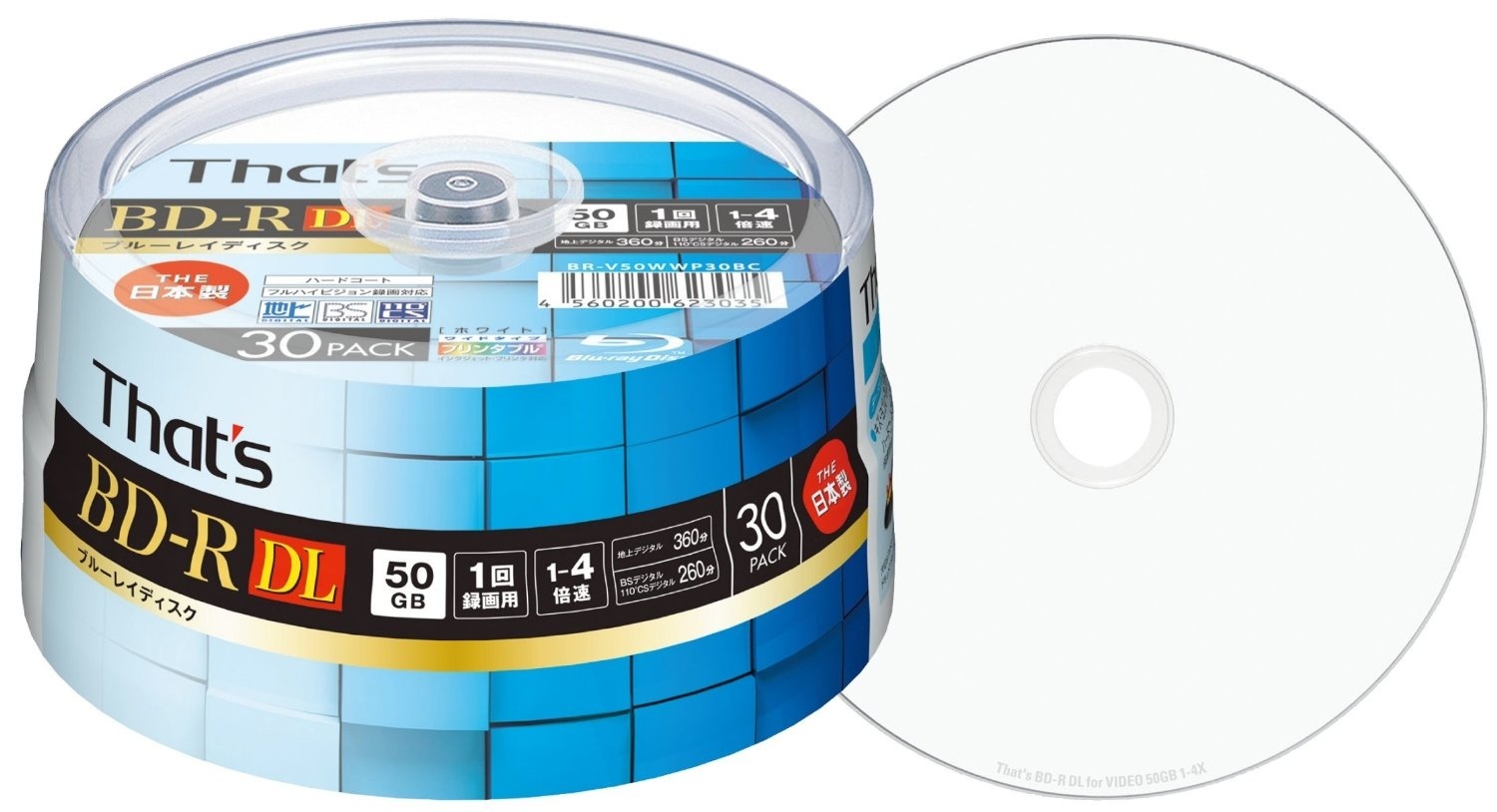 【クリックで詳細表示】That s ブルーレイディスク BD-R DL ビデオ用 1-4倍速 360分 50GB 日本製 片面2層 スピンドルケース30枚入 BR-V50WWP30BC