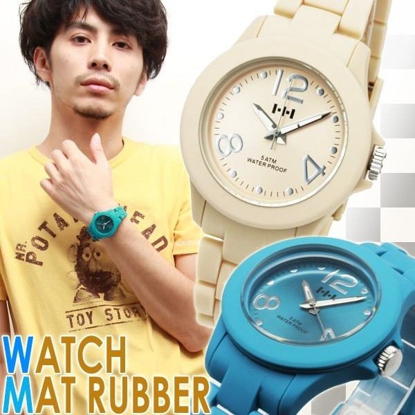 【クリックで詳細表示】時計 腕時計 メンズ 防水 ラバーベルト 5気圧防水 マットラバーコーティング腕時計 シンプル [ru-AC-W-HH] ブルー ベージュ ブレスレット メンズ アクセサリー