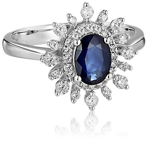 【クリックで詳細表示】14k White Gold Oval Sapphire with Diamond Sunburst Ring (3/8cttw， I-J Color， 12-I3 Clarity)， Size 7