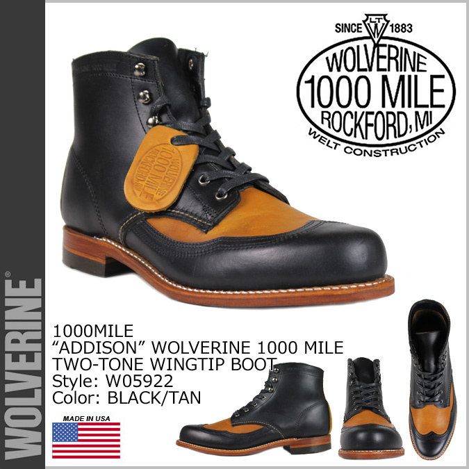 【クリックで詳細表示】ウルヴァリン WOLVERINE メンズ 1000マイル ブーツ 1000MILE ADDISON WING TIP BOOT Dワイズ W05922 ブラック ウィングチップ ワークブーツ