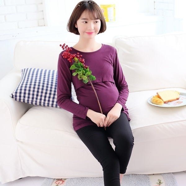 【クリックで詳細表示】Breast-feeding can go month-shirt fashion solid color one-piece dress Buru Yi