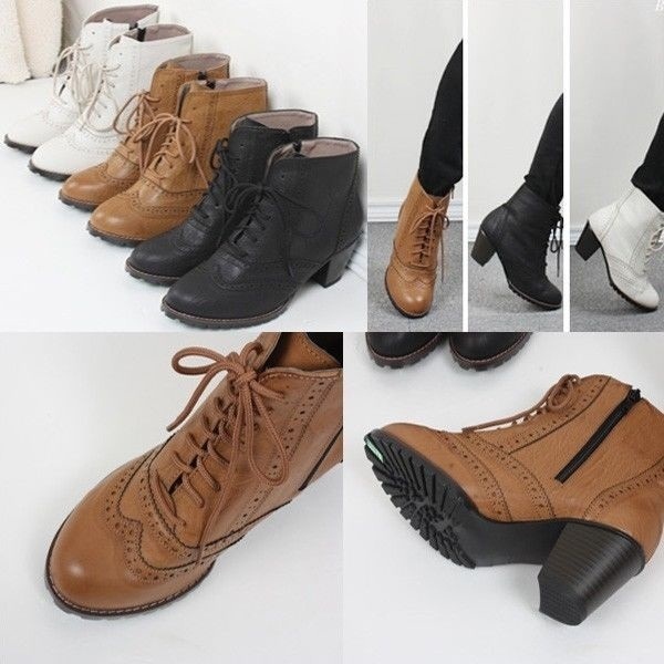 【クリックで詳細表示】まで韓国女性の靴ミッドヒールレースオックスフォードアンクルブーティーブーツブラックブラウンアイボリー大きいサイズ(N0643)