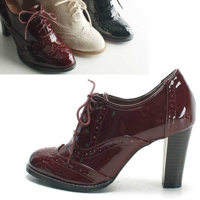 【クリックで詳細表示】韓国女性の靴パテントオックスフォードアンクルブーツ高みヒールレースブラックベージュワインビッグサイズ大きいサイズ(822)