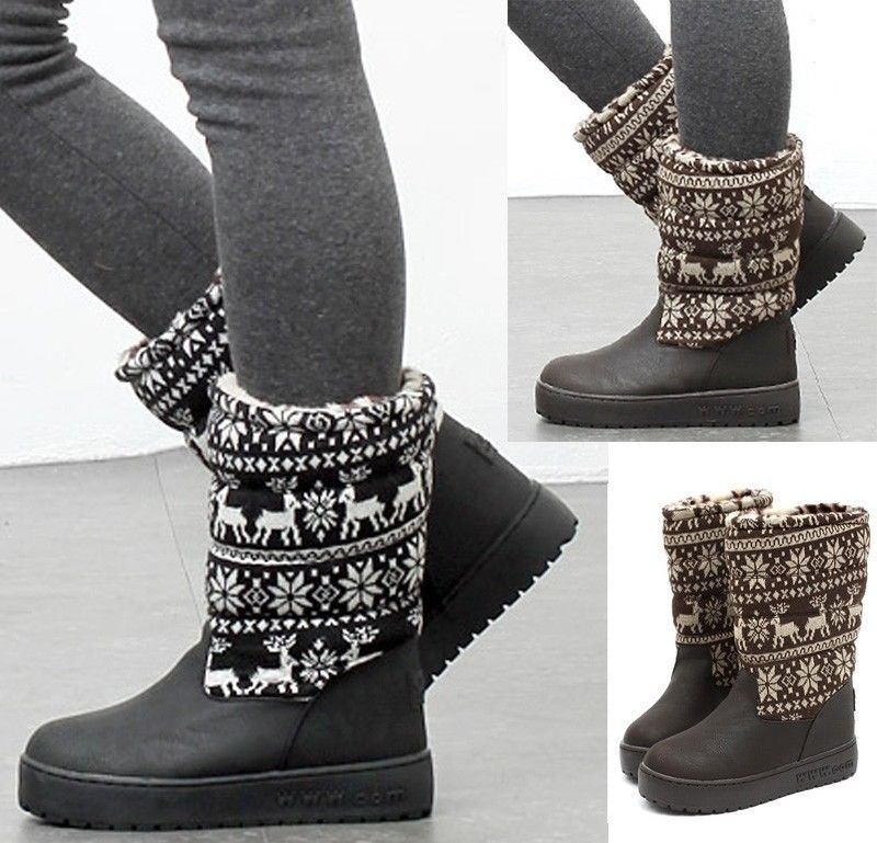 【クリックでお店のこの商品のページへ】韓国女性の靴ニットミッドカーフブーツクリスマスデザインブラックブラウンサイズ(312)