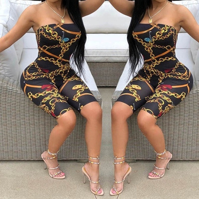 Women strapless print bodycon club party casual short jumpsuit with belt
