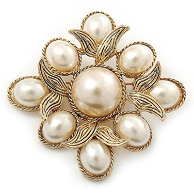 Avalaya Antique Silver Simulated Pearl Crystal Flower Brooch