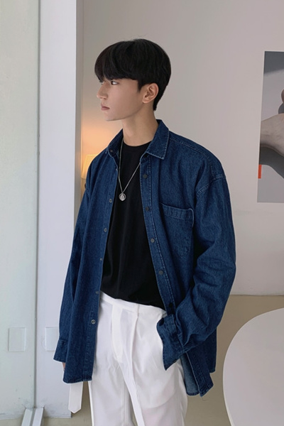 Dark Blue Vintage Denim Casual Shirts Mens Button Front Tops Long Sleeved Washed Cotton Korean Kpop