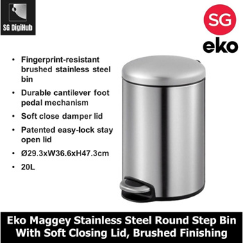 Eko Maggey Stainless Steel Round Step Waste Bin With Soft Close Lid,  12-liter