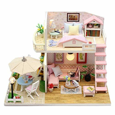 Fenteer Diy Wooden Dollhouse Fits For Barbie Doll House With Furniture And Led Light