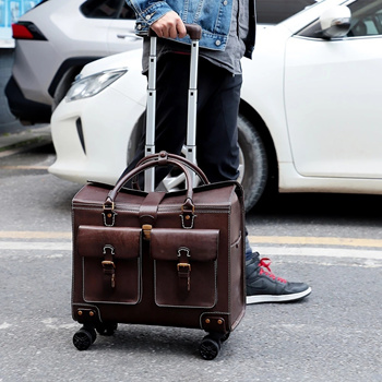 leather travel bag on wheels