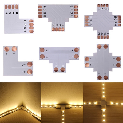 High Quality Led Strip Pcb Connector 4pin 10mm L T X Shape Adapters For Rgb Led Smd 5050 3528 Strip Dc12 24v And 5050 Single Colour Connectors