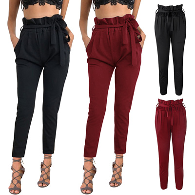 Qoo10 - Isassy Casual Pants Elastic High Waist Cropped OL Trousers ...