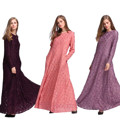 Islamic Muslim Fashion Women Elegant Lace Design Long Dress