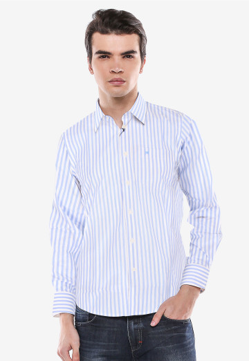 Qoo10 Slim Fit Kemeja  Formal Biru Garis  Putih  