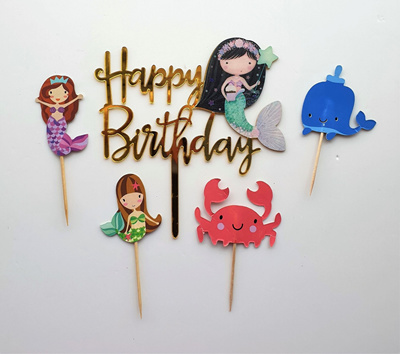 Kids Birthday Cake Mermaid Acrylic Topper With Sea Creatures Cake Decoration Cupcake Topper