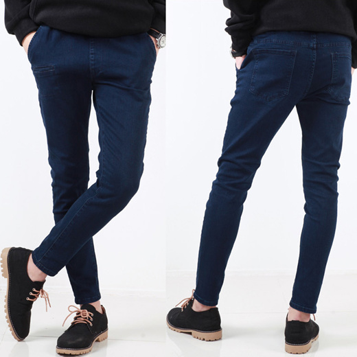Qoo10 - men`s jeans skinny fit strap banding blue jeans casual denim ...