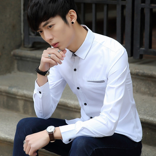 Qoo10 - Men s long sleeve shirt clothes routine put slim Korean autumn ...