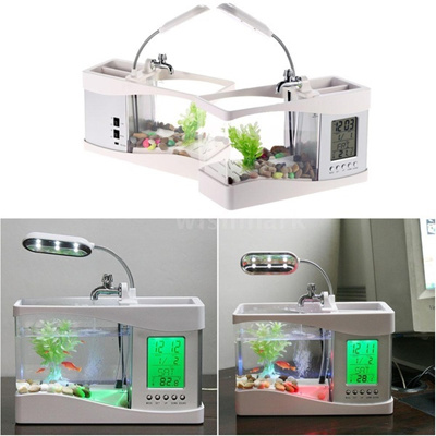 Qoo10 Mini Usb Desktop Aquarium Lcd Display Fish Tank Clock Led