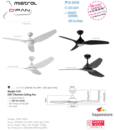 Mistralmistral D Fan Dc Motor Ceiling Fan I 510 I With And Without Led Light I Available In White Black