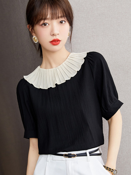 Qoo10 - French Chic Women Short Sleeve Fancy Collar Blouse Work/Casual ...