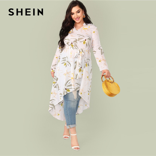 Qoo10 - outlet SHEIN Plus Size Roll-Up Sleeve Floral Print Belted Dip ...