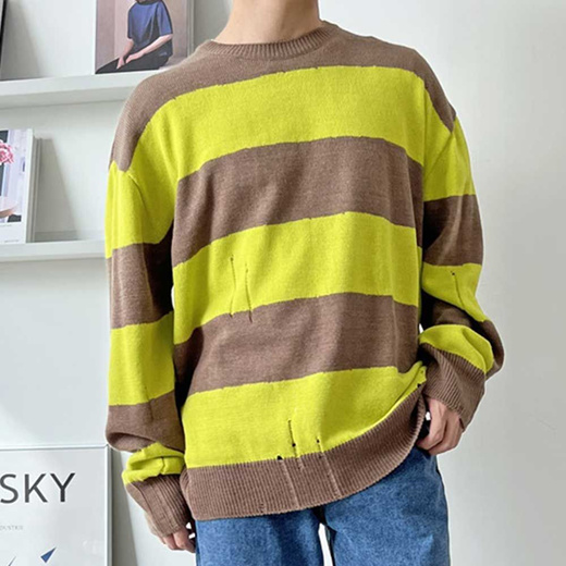 Qoo10 - Big size round striped knit loose fit frayed point : Men’s Clothing
