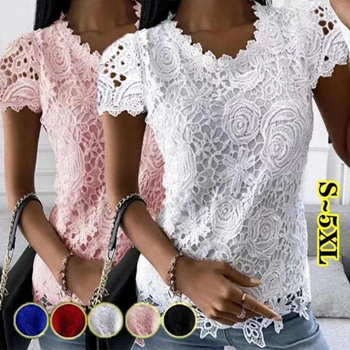 Qoo10 - Plus Size Womens Casual Short Sleeved Tops Lace Hollow-out