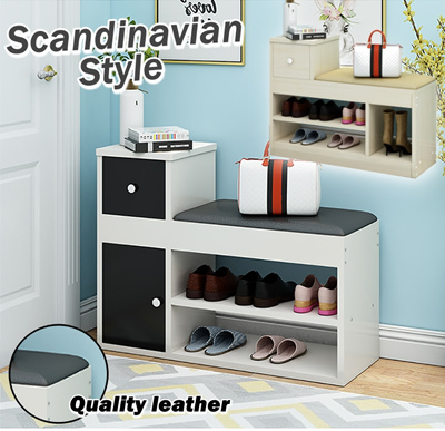 Scandinavian Shoe Rack Bench With Cabinet Storage Pu Seat Multi Purpose