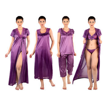 Qoo10 - Senslife Women Purple Satin Nightwear 6pc Set (1 Nighty， 1 Robe， 1 Top... : Clothing
