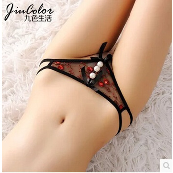 Sexy Lace Print Low Waist Bow Seamless Thong For Women Transparent