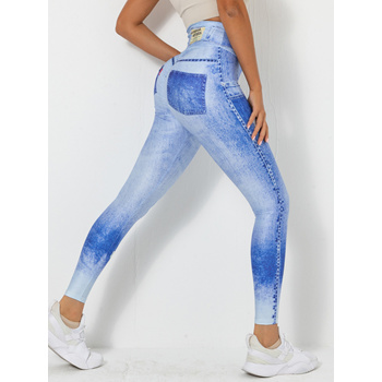 Sexy Dance Ladies Faux Denim Pant Cropped Plus Size Leggings Check Print  Oversized Seamless Jeggings Elastic Waisted Trousers Blue 4XL 