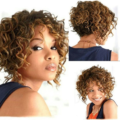 Qoo10 Short Curly Blonde Brown Highlights Wigs Synthetic Capless