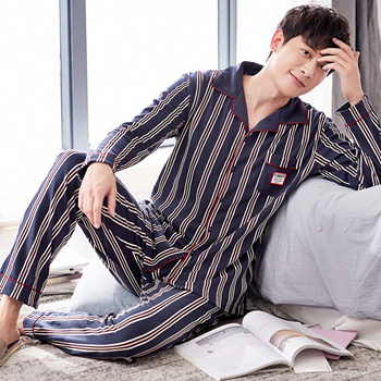 Autumn Winter Men's Cotton Pajamas Letter Striped Sleepwear