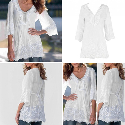 Qoo10 Travel Wear Women Hollow Lace V Neck Sexy Blouse Casual