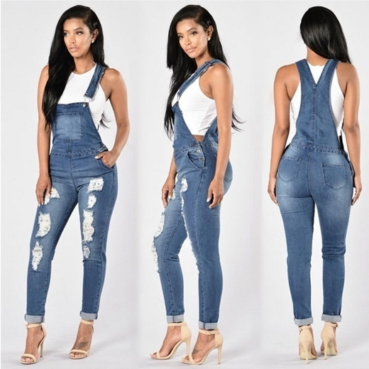 Qoo10 Women Denim Jumpsuit Jeans Denim Pants Overalls Autumn Casual Broken H Women S Clothing