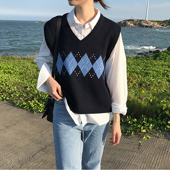 Vintage Sweater Vest Women Korean Fashion Preppy Style Knitted