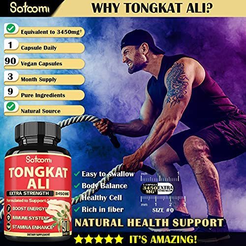 Satoomi Natural Tongkat Ali Root Extract 200:1 - 9 Essential Herbs  Equivalent to 3450mg - Support Strength, Energy and Healthy Immune - 1 Pack  90
