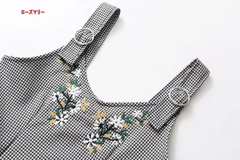 【ローズマリー】細かいチェック花刺繍さんが修身つりスカート スイート 花柄 キャミワンピース ヴィンテージ調  ベーシック 大人気 刺繍レース-QQ5746