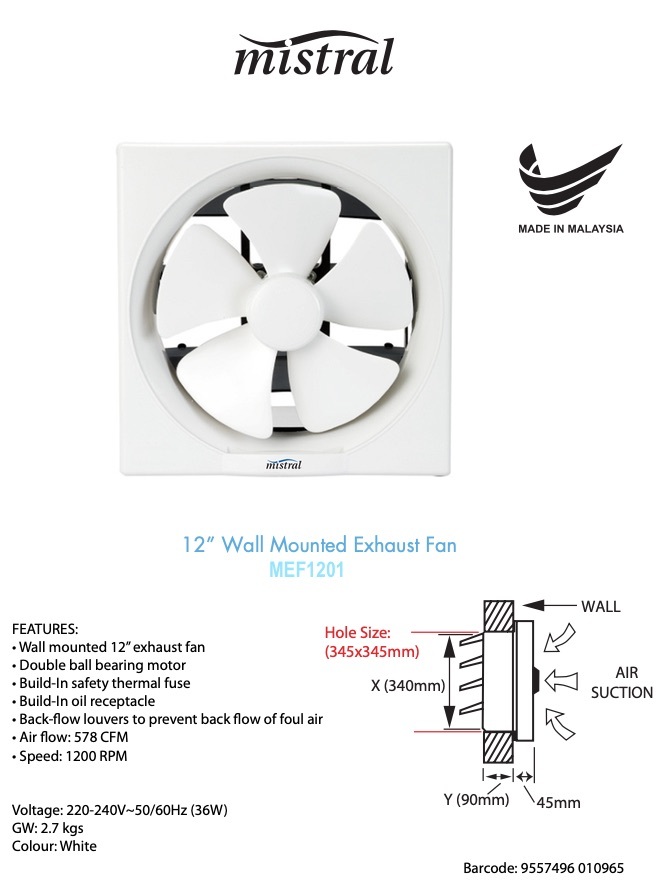 Qoo10 Mistral 8inch / 10inch / 12inch Wall Mount Exhaust Fan / 1 Year