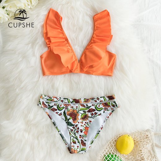 cupshe orange ruffle bikini with floral bottom