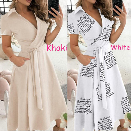 Fashion Women V-neck Dress Solid Color Short Sleeve Dress Printed Slim  Dress Party S-XXL