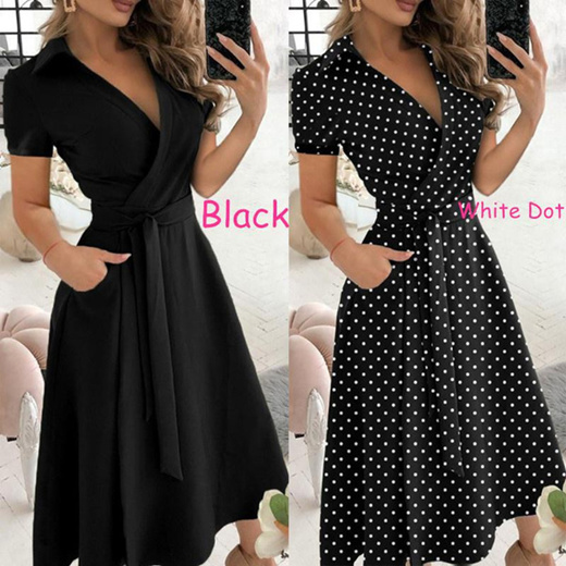 Qoo10 - Fashion Women V-neck Dress Solid Color Short Sleeve Dress