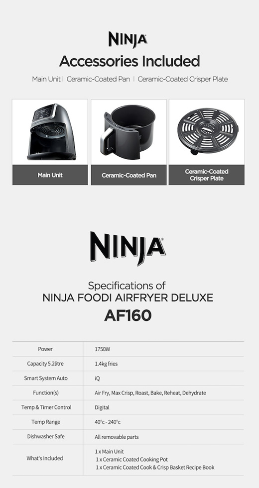 Ninja Foodi AF160 Air fryer Max 5.2L 6 Cooking Functions - Air Fry- Roast -  Reheat - Dehydrate - Bake - Max Crisp 1750W