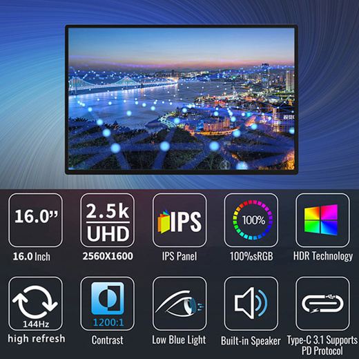 ZEUSLAP 16 2.5K 144hz Portable Monitor 2560*1600 16:10 100%sRGB